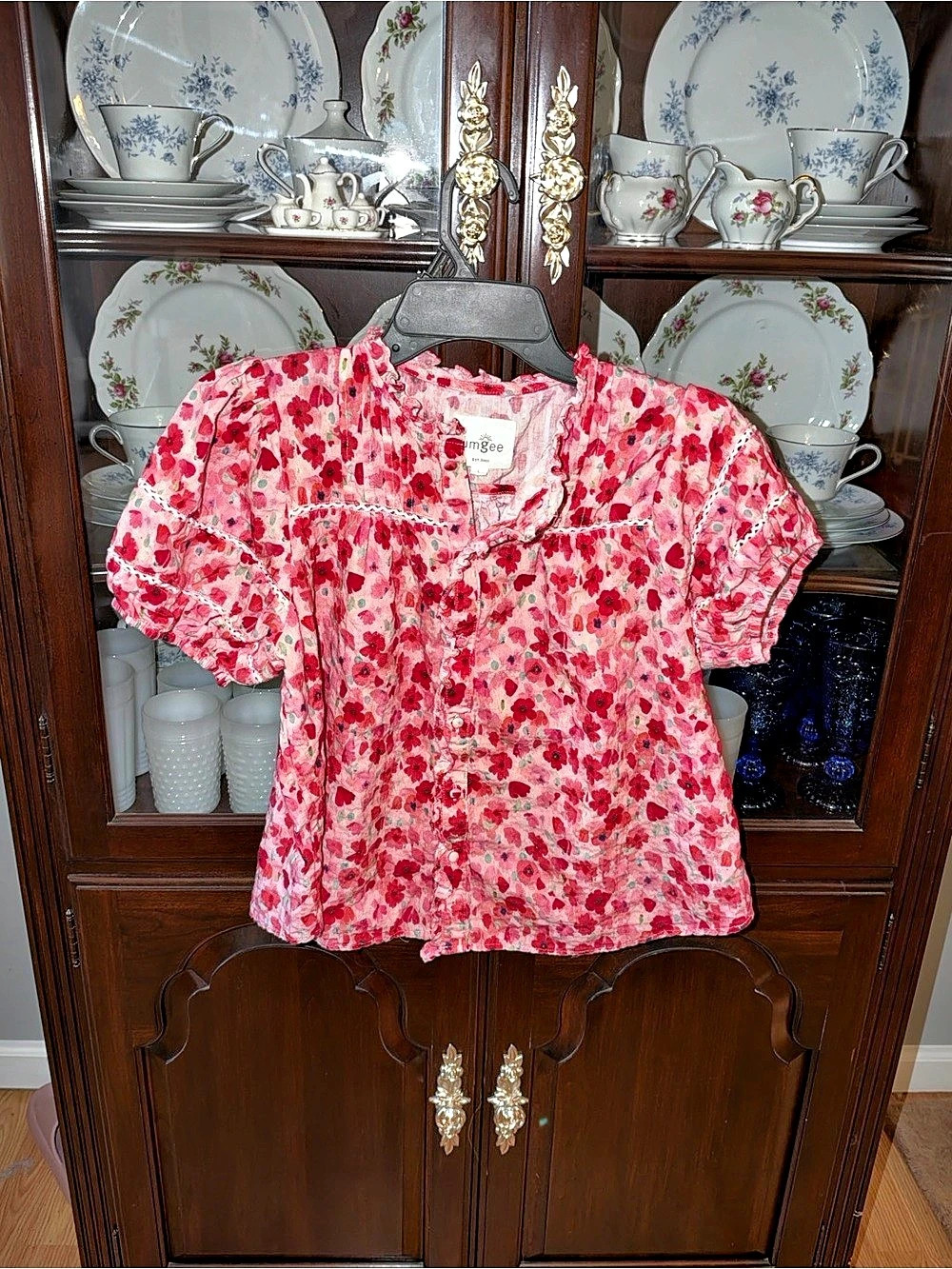 umgee Floral Puff Sleeve Blouse in Pink & Red Size Large
